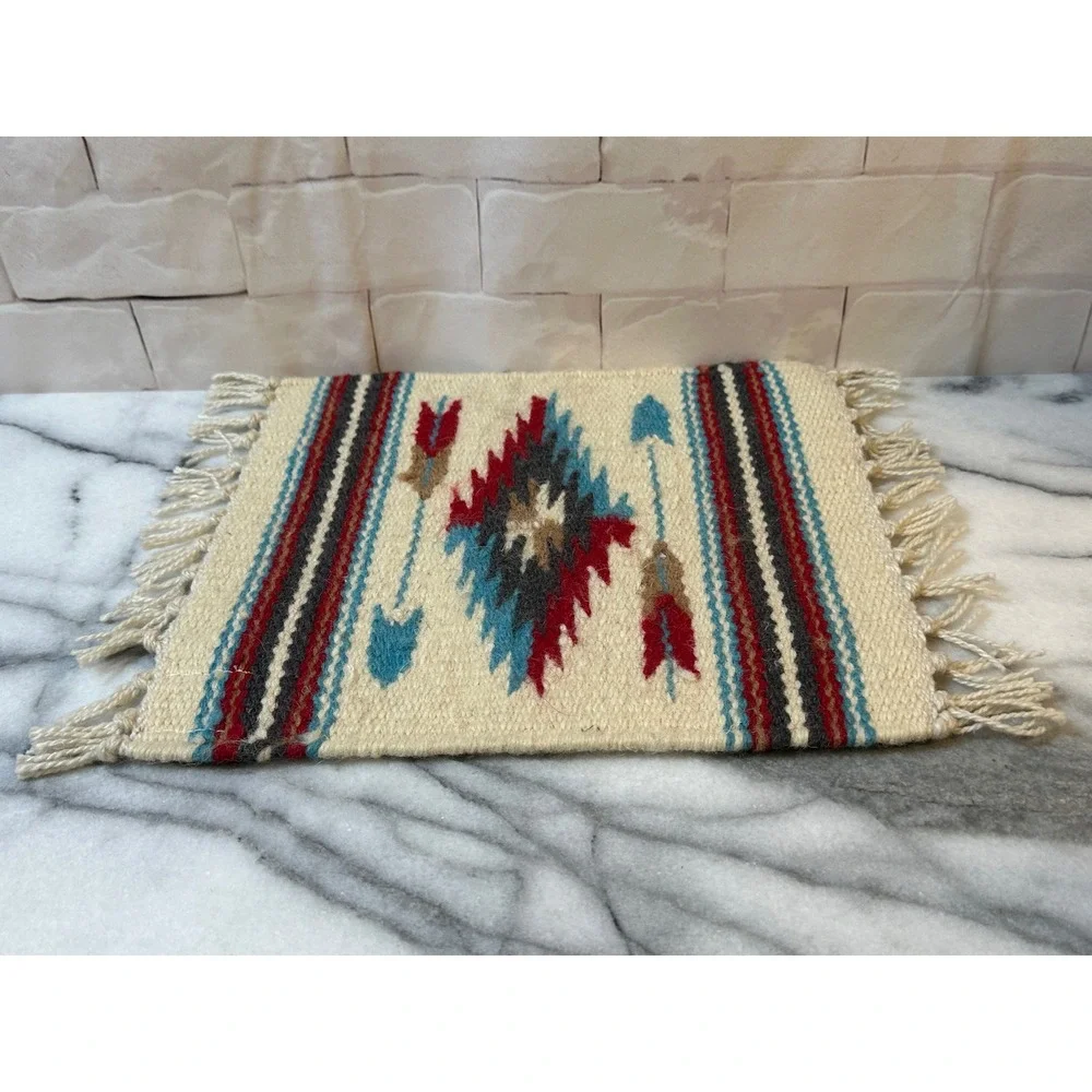 Southwestern Handwoven Wool Textile Small Rug Arrow Diamond Fringed Cream 10x13